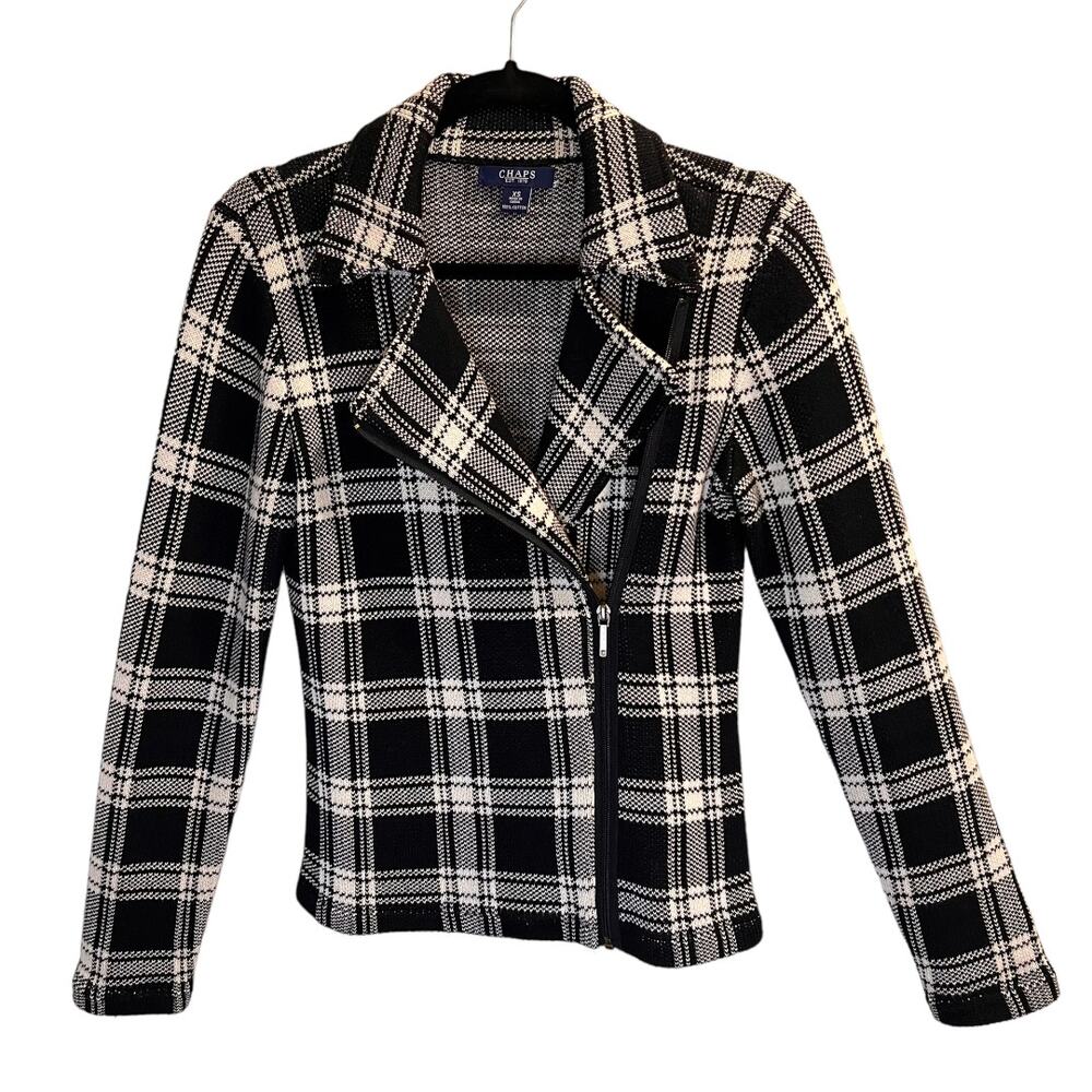 Chaps Women's Black White Plaid Cotton Full Zip Knit Long Sleeve Jacket Size XS